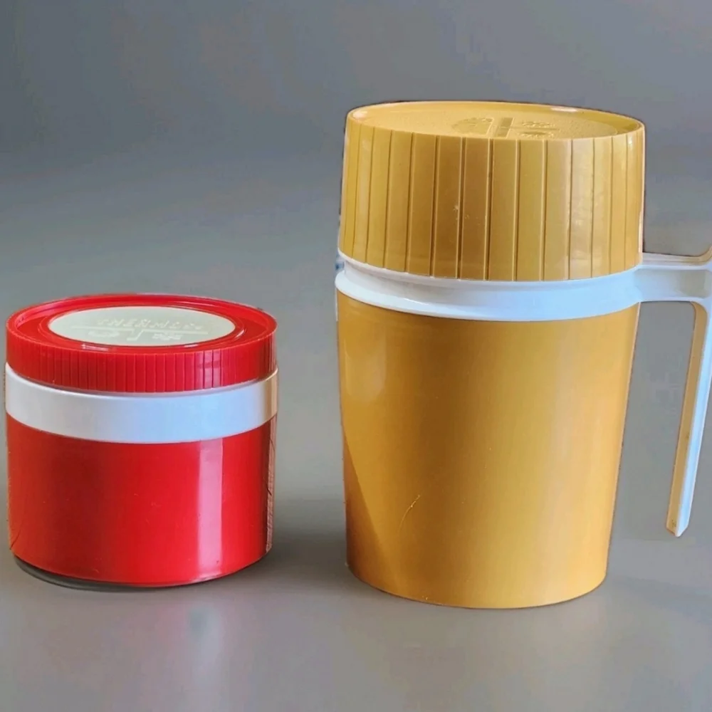 Vintage Thermos Brand Insulated Food Jars – 1970s Retro Mustard & Red